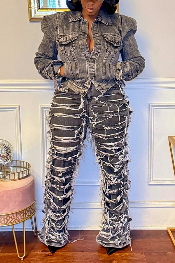 Street Style Ruched Denim Cropped Jacket