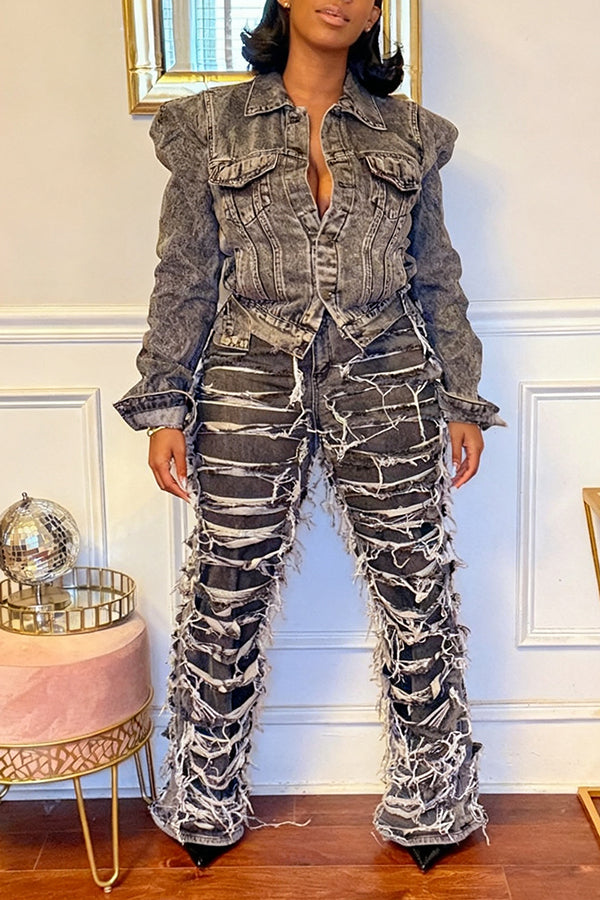 Street Style Ruched Denim Cropped Jacket