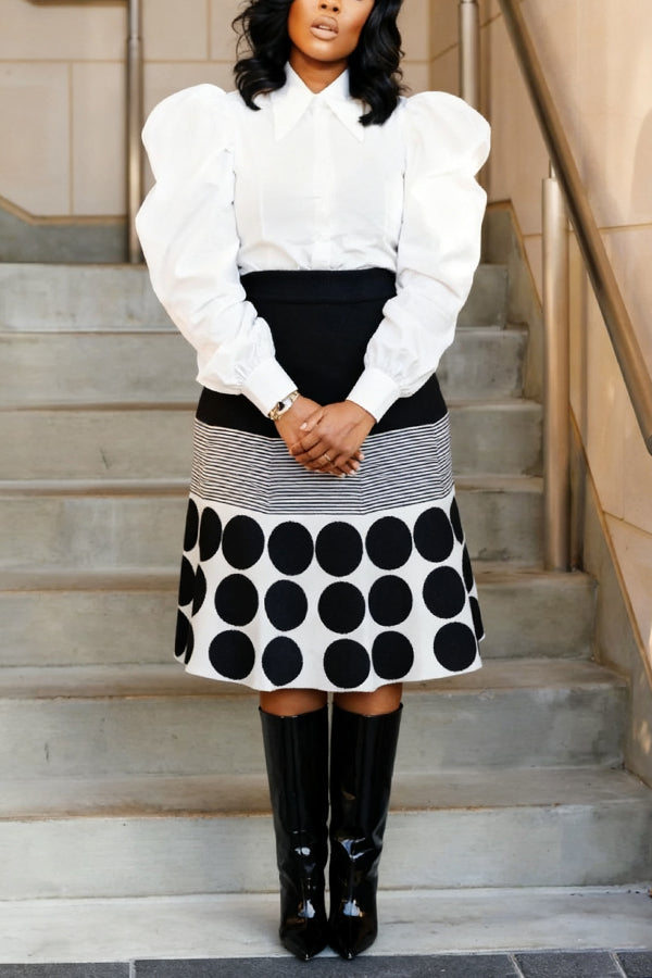 Chic Shirt & Striped Polka Dot Print Skirt Set