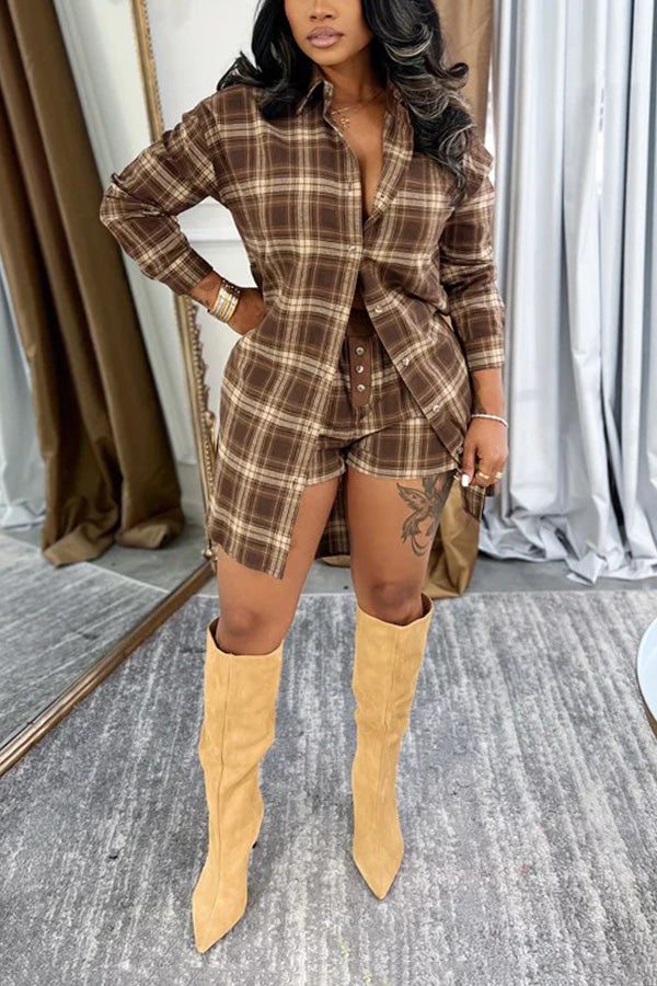 Vintage Plaid Shirt & Elastic Waist Shorts Set