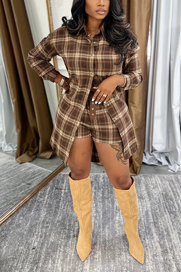 Vintage Plaid Shirt & Elastic Waist Shorts Set