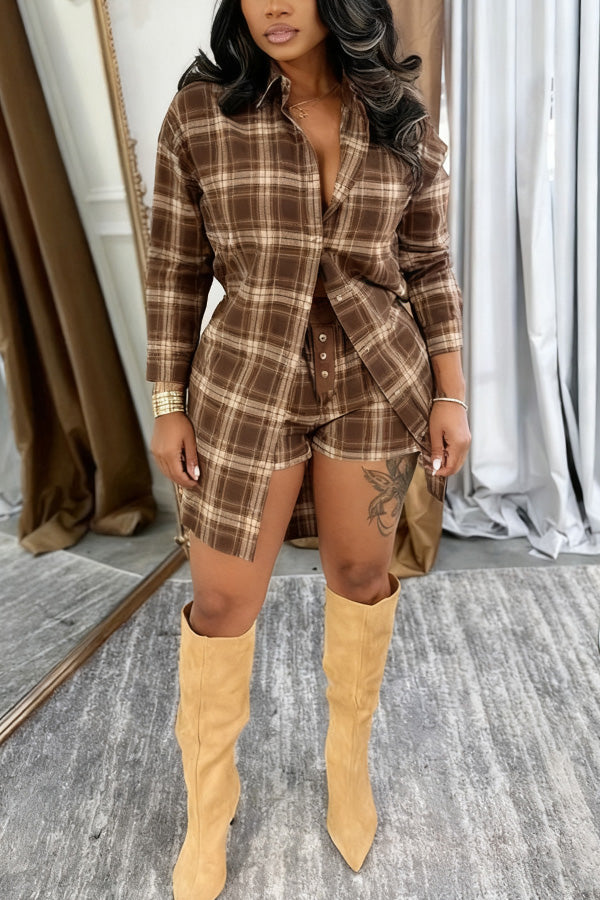 Vintage Plaid Shirt & Elastic Waist Shorts Set
