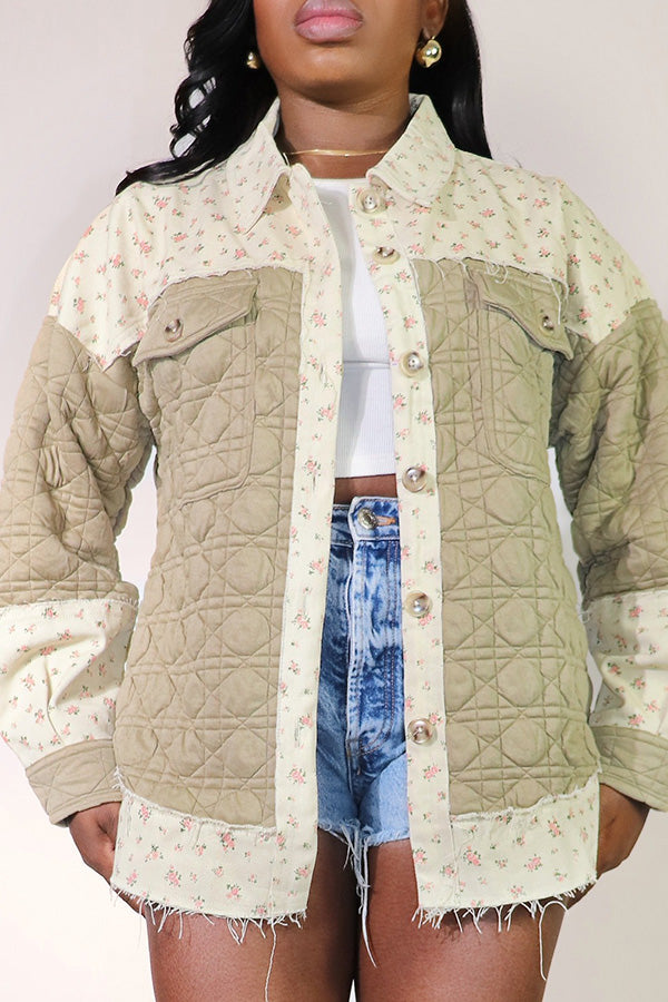 Playful Floral Print Contrast Quilted Patchwork Shacket