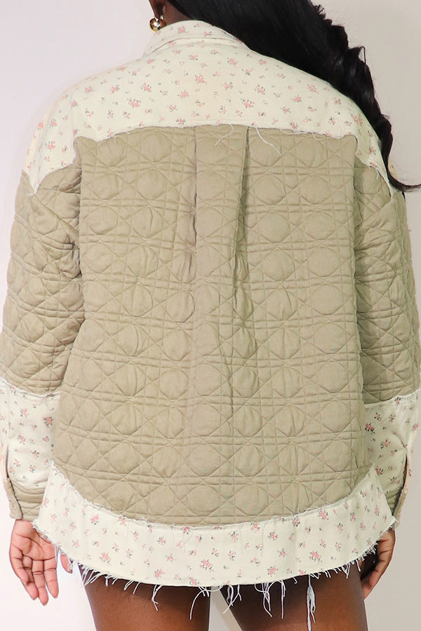 Playful Floral Print Contrast Quilted Patchwork Shacket