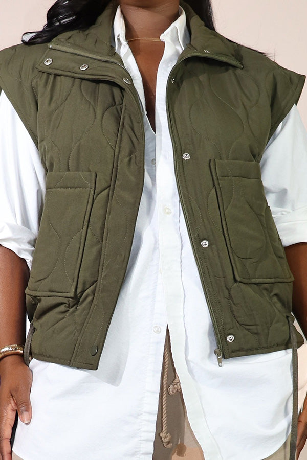Utility Front Pocket Drawcord Hem Quilted Vest