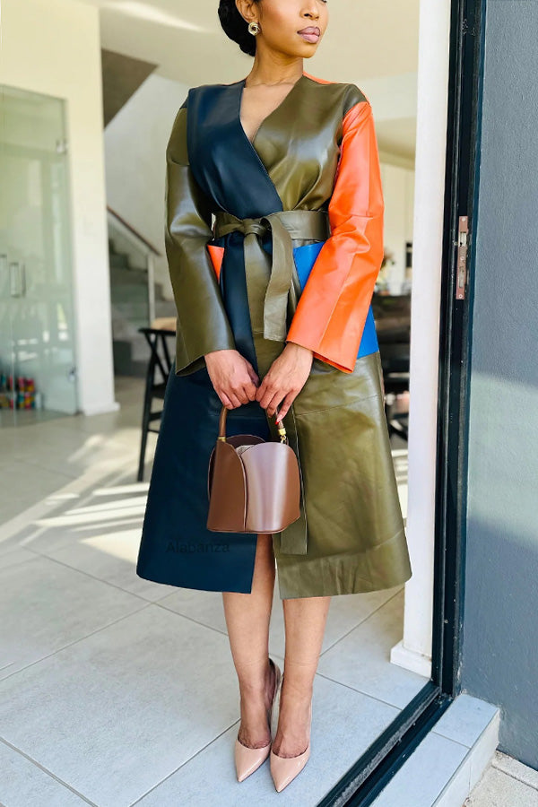 Multicolor Double Pocket Belted Long Leather Jacket