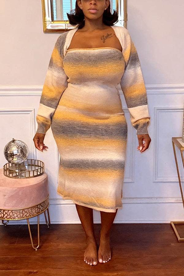 Stylish Gradient Knitted Cropped Jacket & Dress