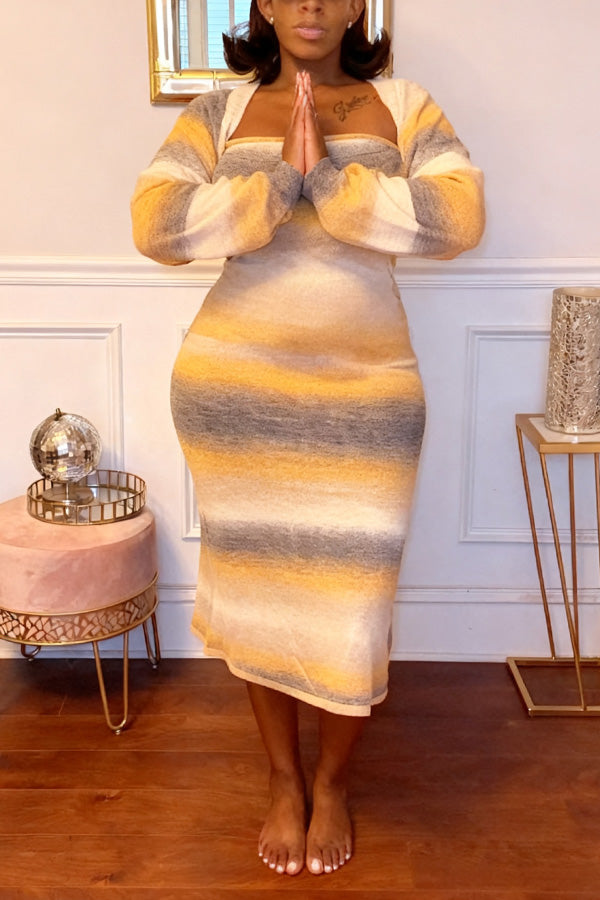 Stylish Gradient Knitted Cropped Jacket & Dress