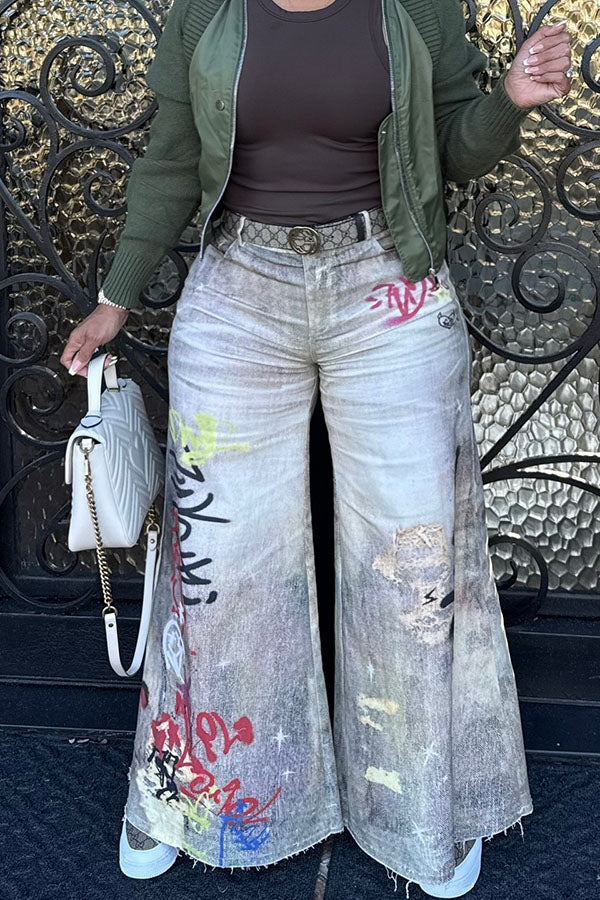 Street Style Graffiti Raw Edge Wide Leg Pants