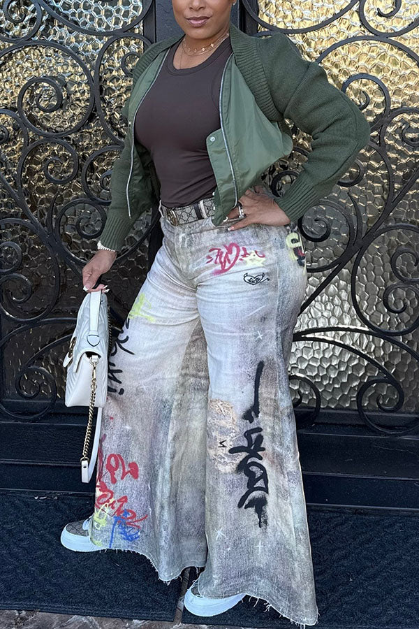 Street Style Graffiti Raw Edge Wide Leg Pants