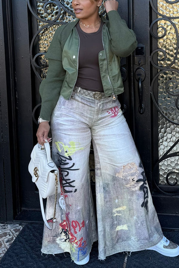 Street Style Graffiti Raw Edge Wide Leg Pants