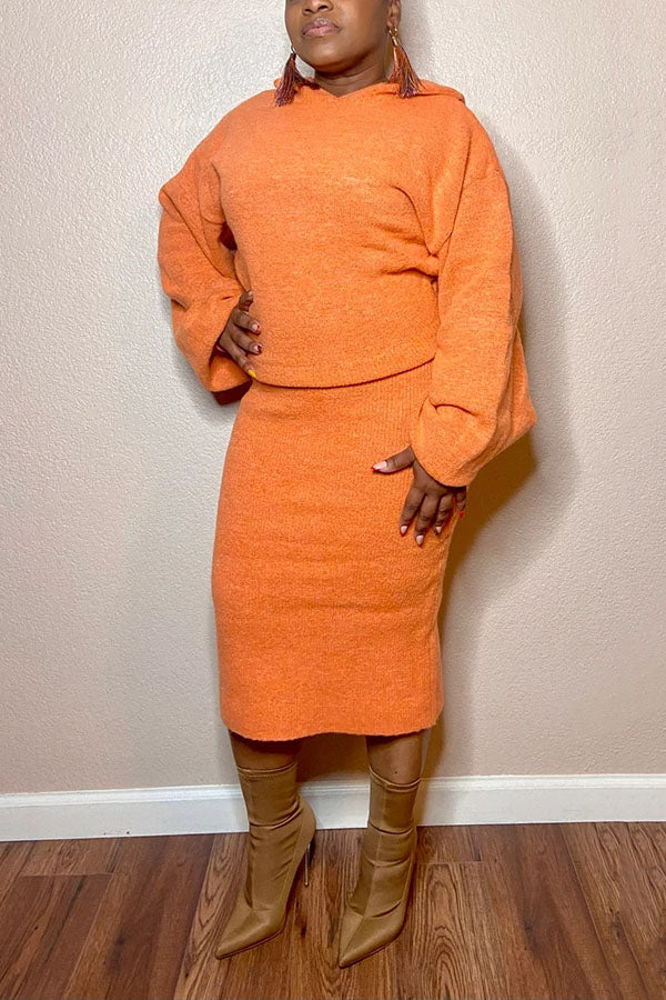Casual Hooded Knitted Sweater Skirt Set