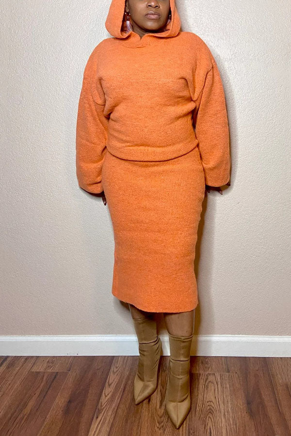 Casual Hooded Knitted Sweater Skirt Set