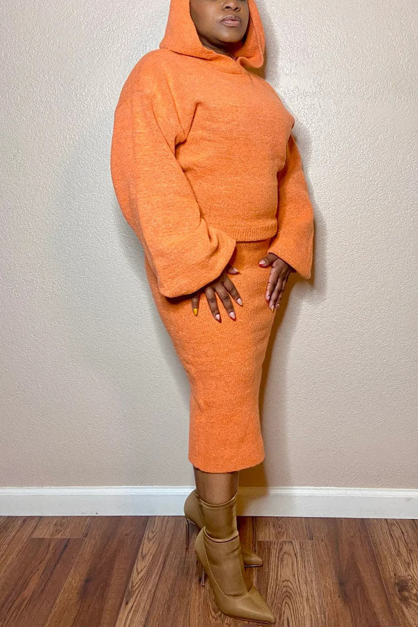 Casual Hooded Knitted Sweater Skirt Set