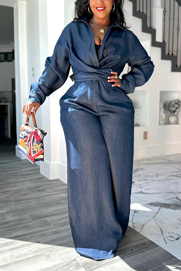 Fashionable Faux Denim Belted Wide Leg Jumpsuit