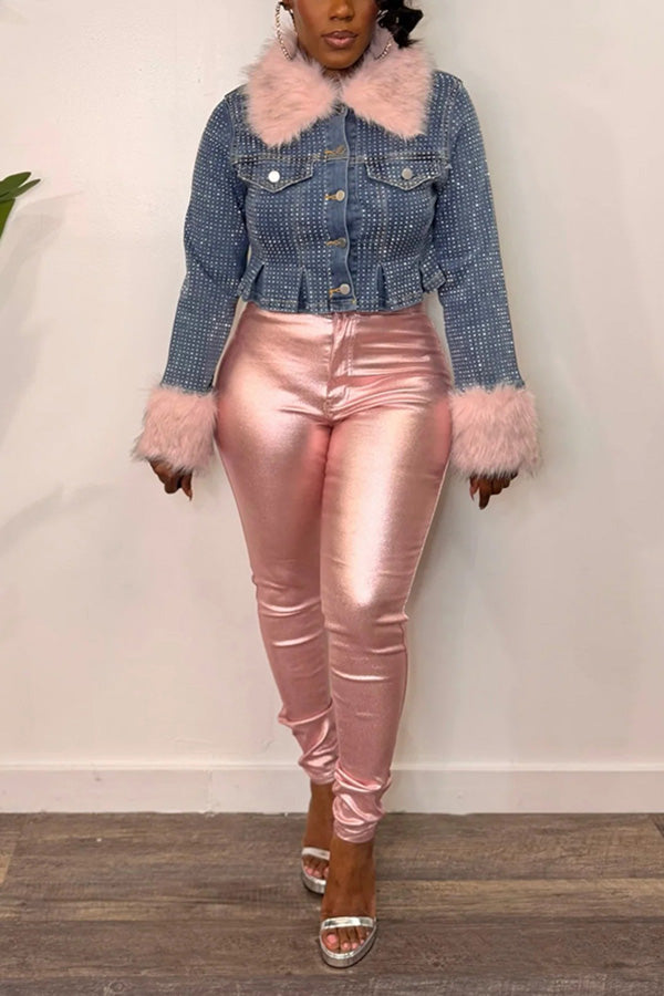 Stylish Rhinestone Fur Trim Denim Jacket