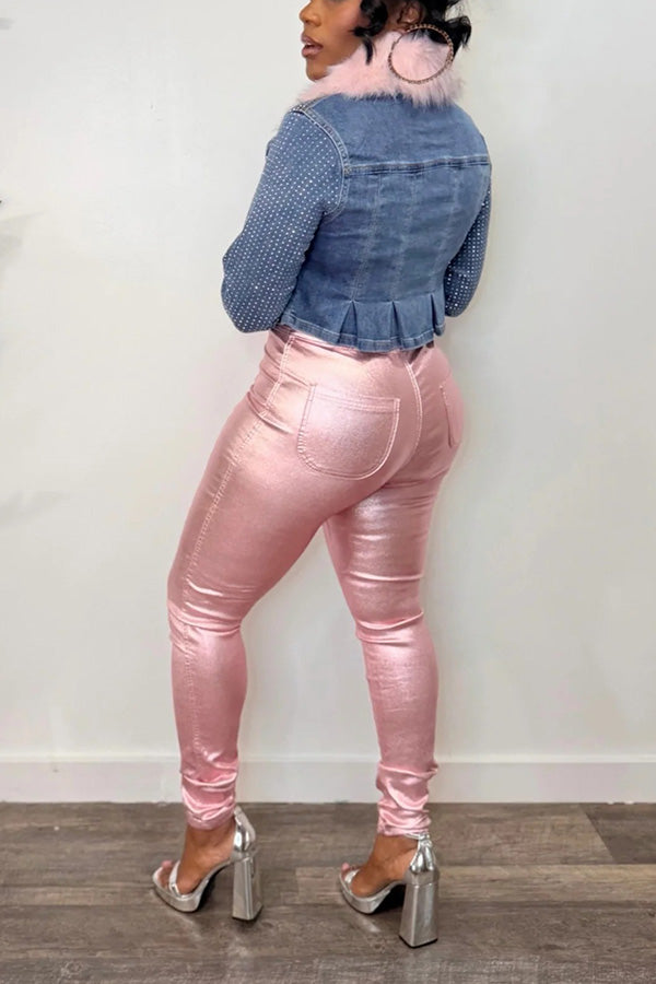 Stylish Rhinestone Fur Trim Denim Jacket