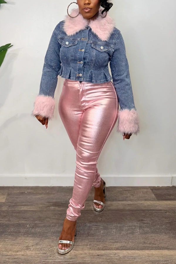 Stylish Rhinestone Fur Trim Denim Jacket