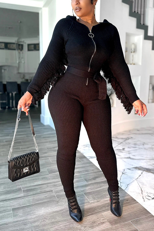 Stylish Fringed Knitted Hooded Jumpsuit