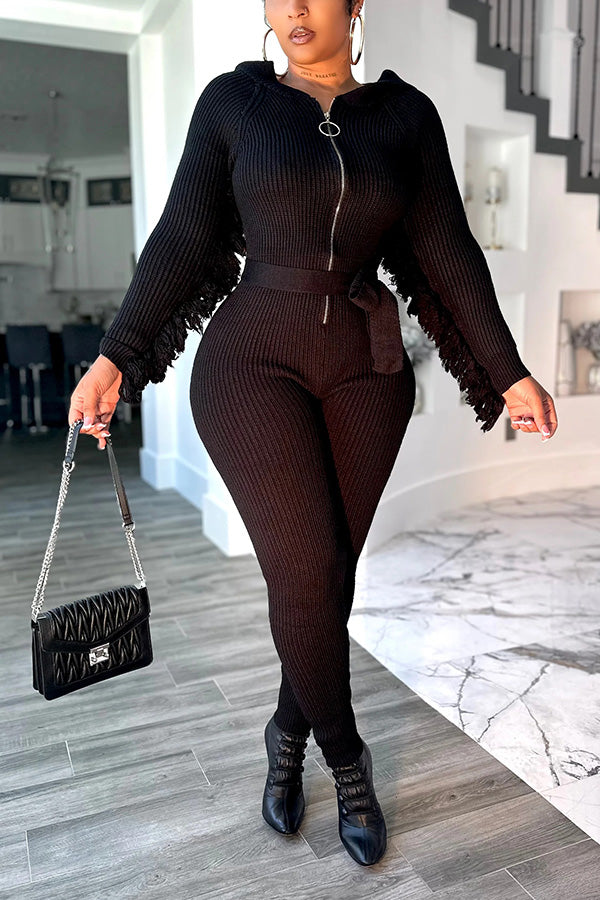 Stylish Fringed Knitted Hooded Jumpsuit