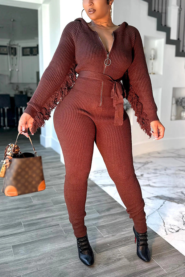 Stylish Fringed Knitted Hooded Jumpsuit