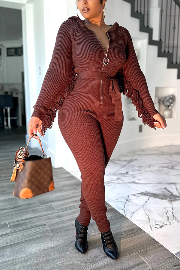 Stylish Fringed Knitted Hooded Jumpsuit