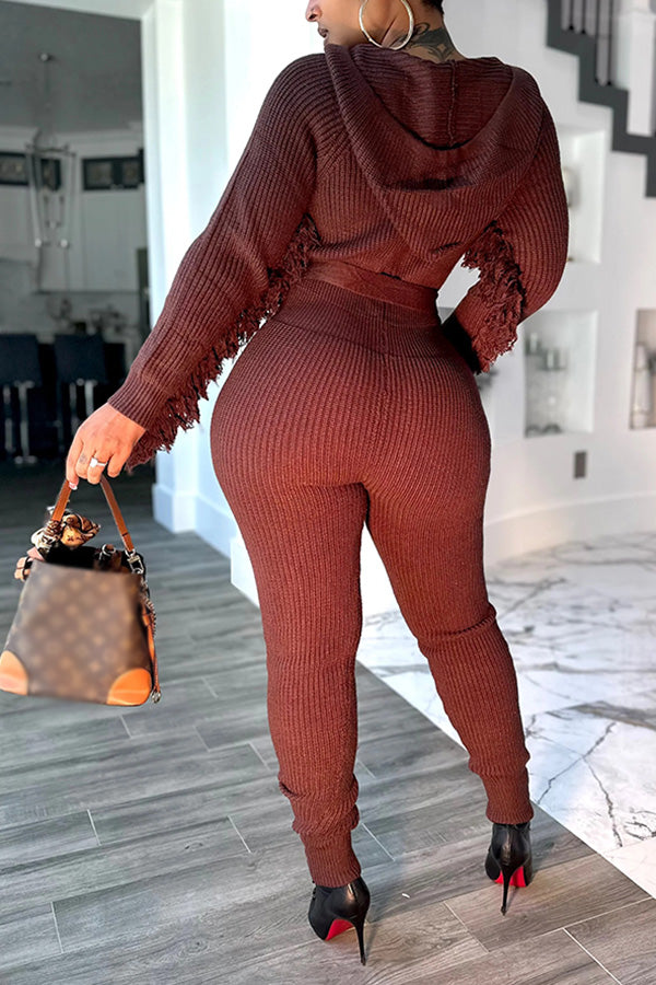 Stylish Fringed Knitted Hooded Jumpsuit