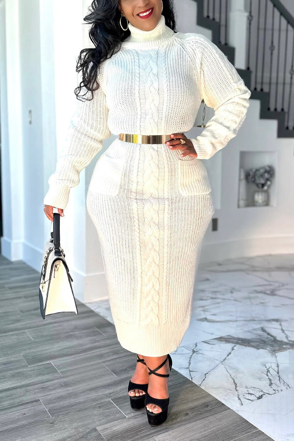 Fashion Cable Turtleneck Sweater Dress