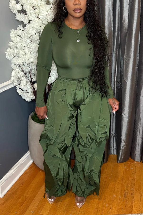 Stylish Top & Drawstring Waist Ruffle Wind Resistant Pants