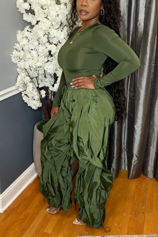 Stylish Top & Drawstring Waist Ruffle Wind Resistant Pants