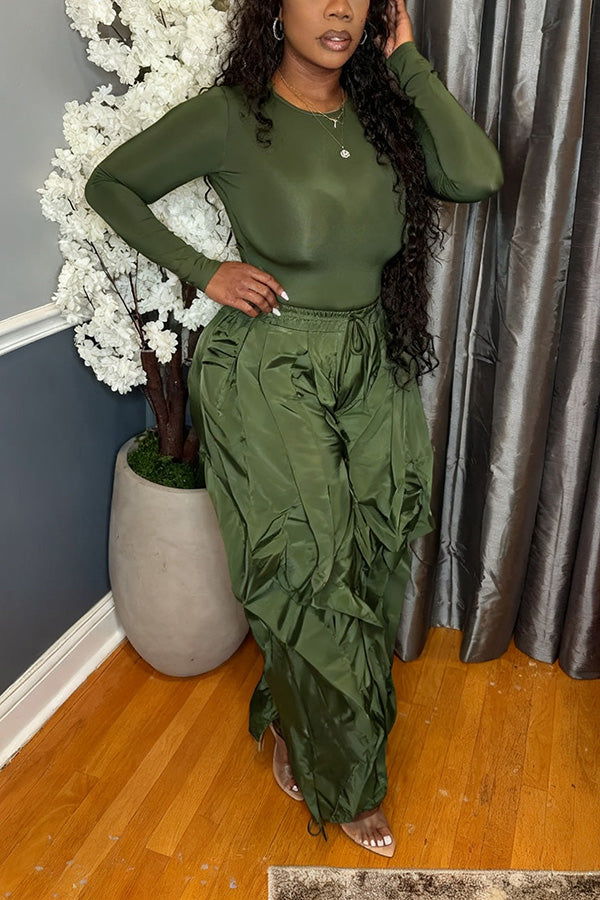 Stylish Top & Drawstring Waist Ruffle Wind Resistant Pants