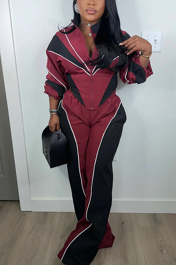 Casual Contrast Jacket & High Waist Pants Set