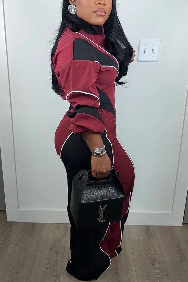 Casual Contrast Jacket & High Waist Pants Set