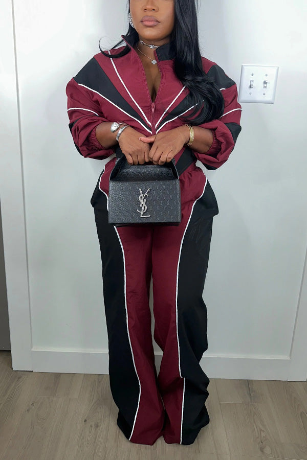 Casual Contrast Jacket & High Waist Pants Set