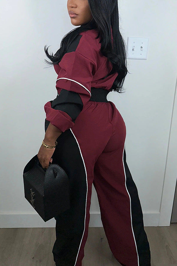 Casual Contrast Jacket & High Waist Pants Set