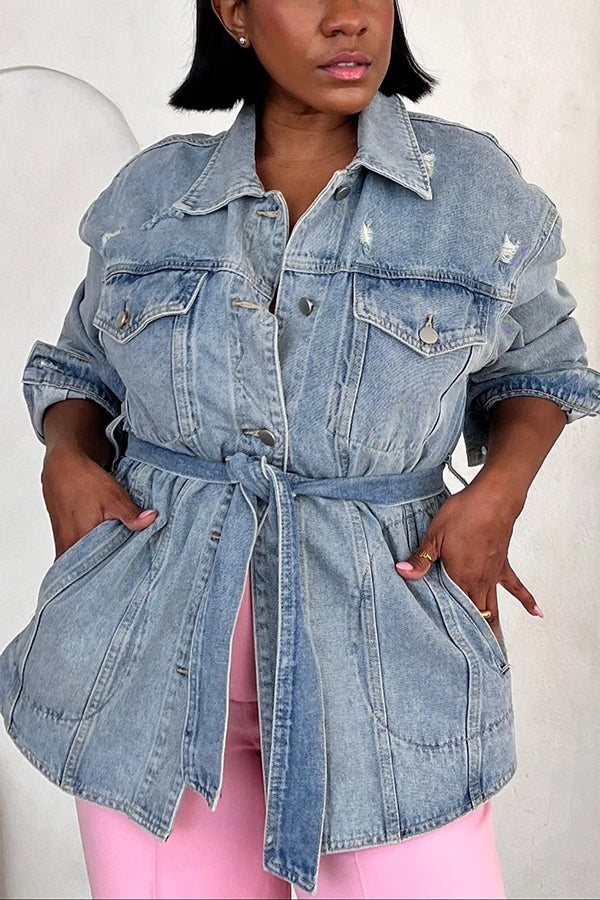 Casual Multi Pocket Belted Faded Denim Jacket
