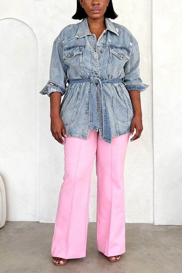 Casual Multi Pocket Belted Faded Denim Jacket