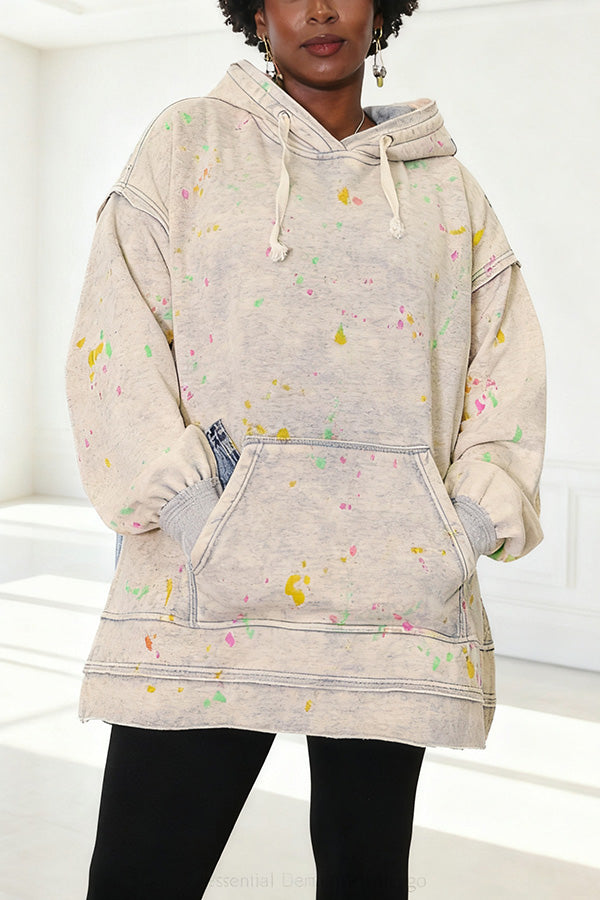 Casual Paint Splatter Print Denim Patchwork Hoodie