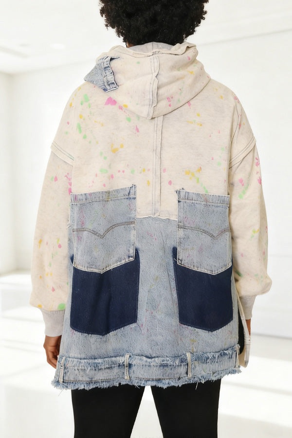 Casual Paint Splatter Print Denim Patchwork Hoodie