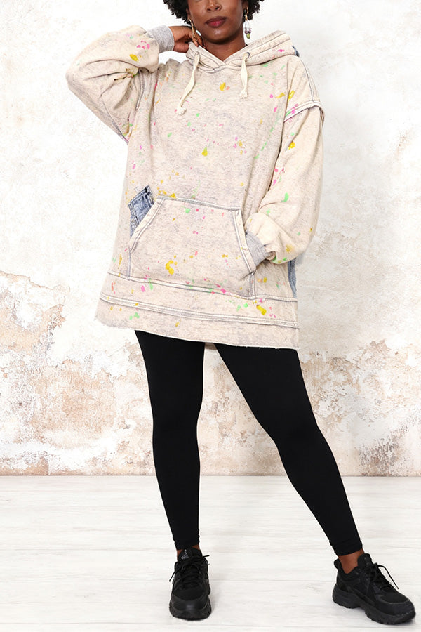 Casual Paint Splatter Print Denim Patchwork Hoodie