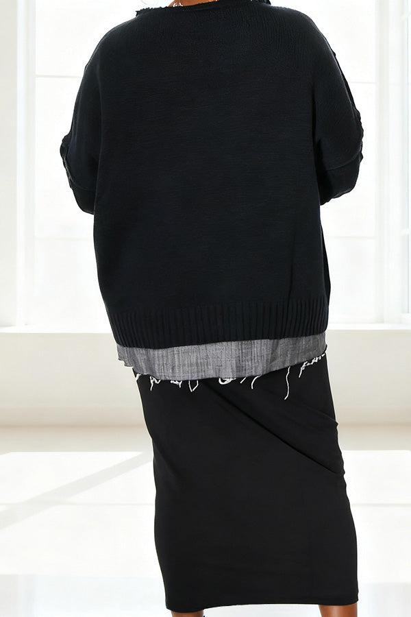 Relaxed Silhouette Raw Hem Denim Pocket Sweater