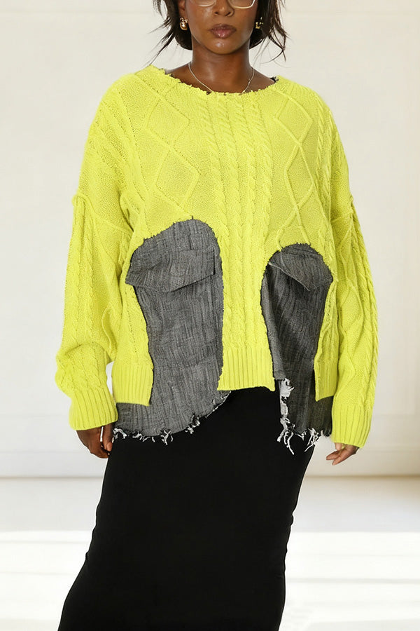 Relaxed Silhouette Raw Hem Denim Pocket Sweater