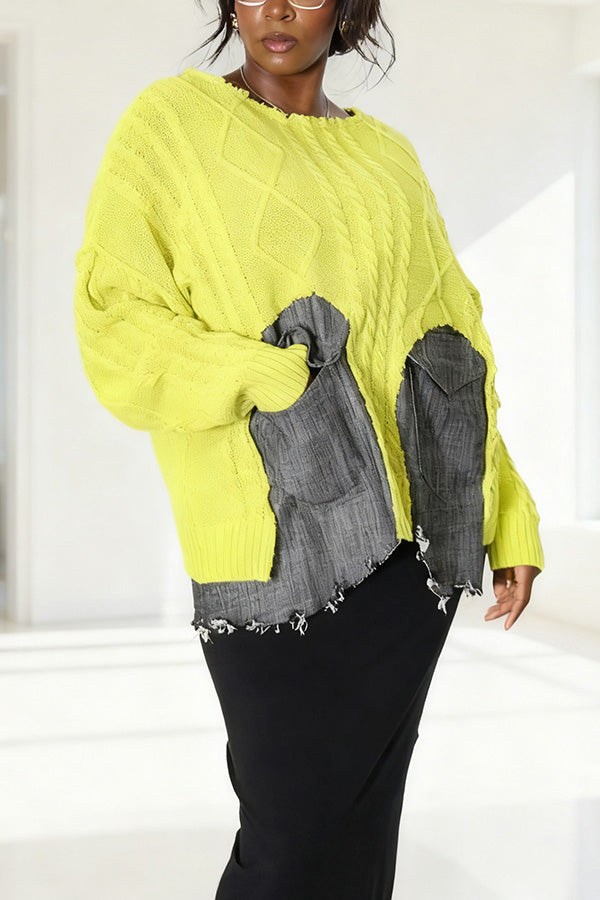Relaxed Silhouette Raw Hem Denim Pocket Sweater