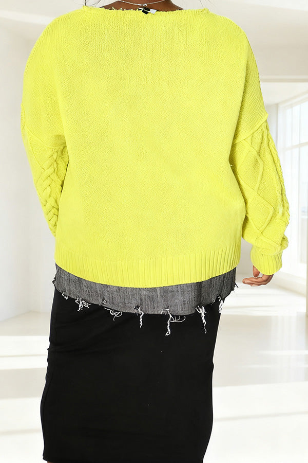 Relaxed Silhouette Raw Hem Denim Pocket Sweater