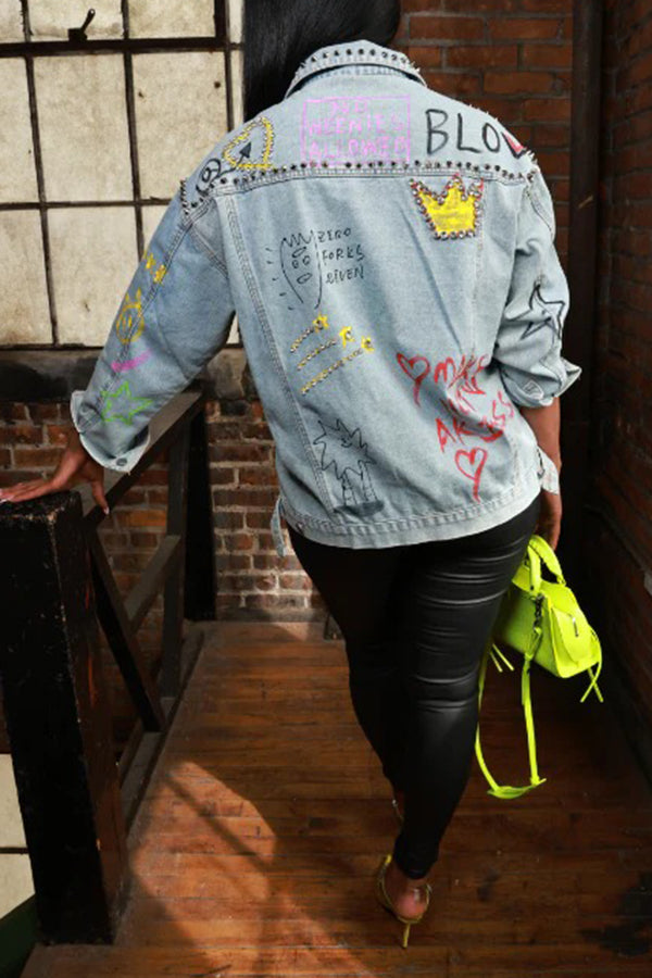 Street Art Oversized Graffiti Print Denim Jacket