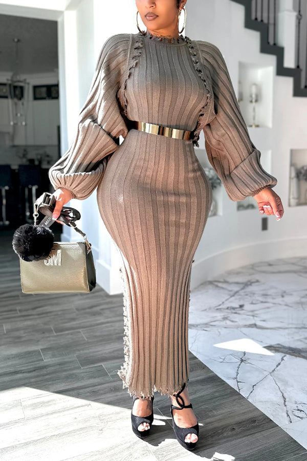 Stylish Puff-Sleeved Knitted Jacket & Side-Slit Dress