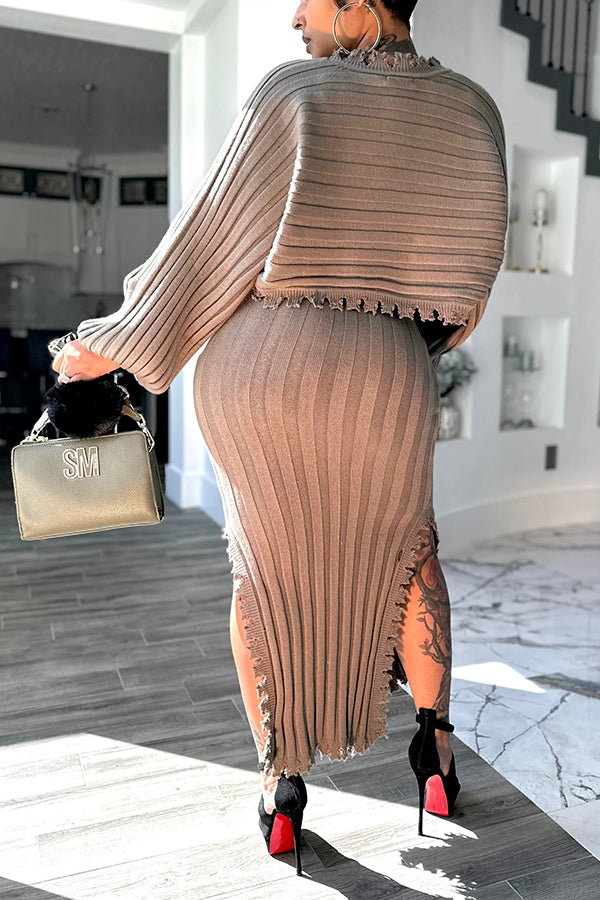 Stylish Puff-Sleeved Knitted Jacket & Side-Slit Dress