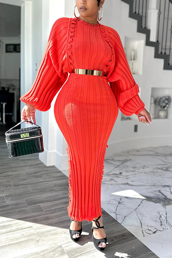 Stylish Puff-Sleeved Knitted Jacket & Side-Slit Dress