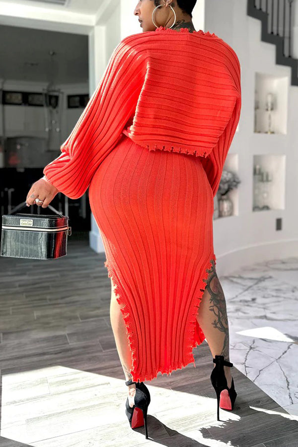 Stylish Puff-Sleeved Knitted Jacket & Side-Slit Dress