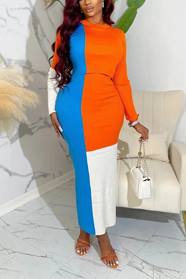 Stylish Colorblock Knitted Ribbed Dress